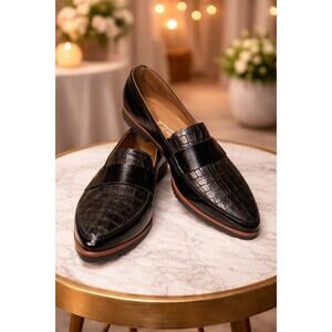Paul Green Patent Leather Croc Embossed Loafers Black Gray Pointed US 8 Preppy